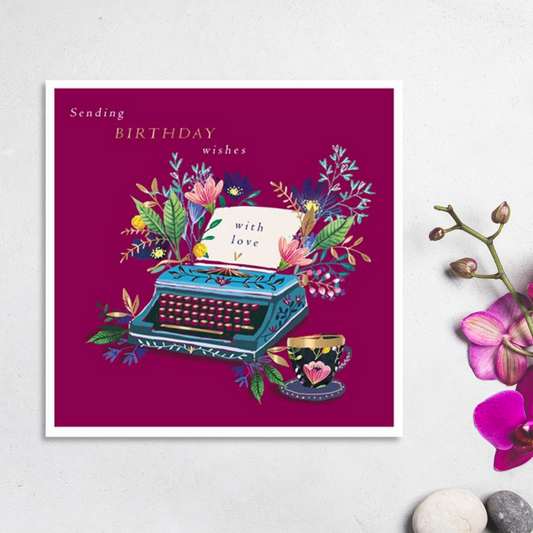 Square magenta card with floral typewriter and teacup