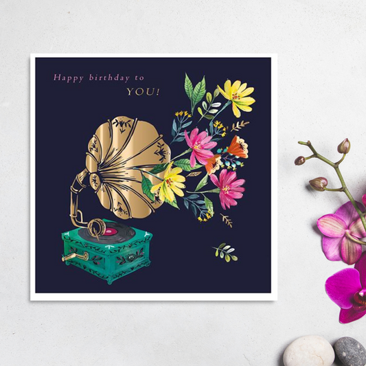 Navy square card with gold gramophone and flowers
