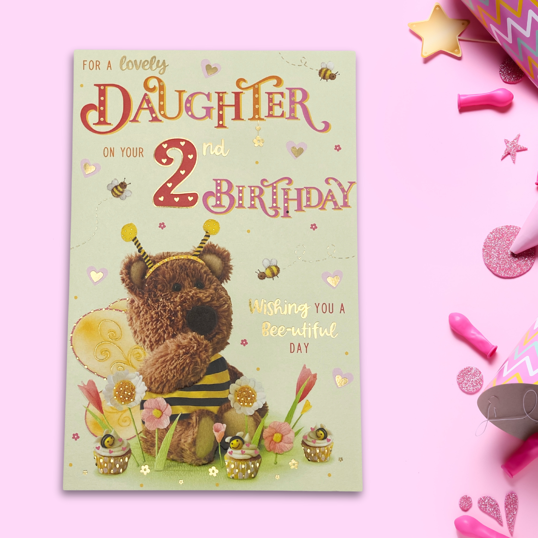 Cute card with Barley Bear dressed as a bumblebee with cupcakes