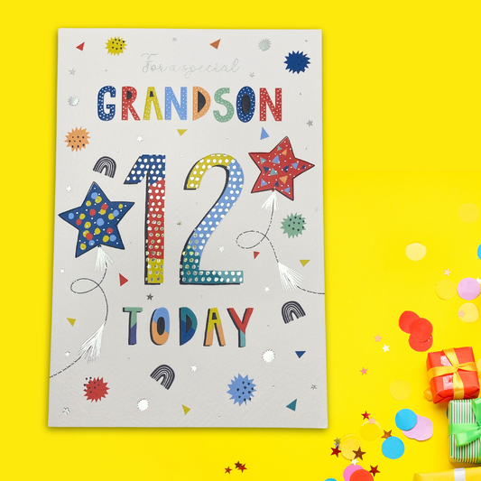White card with bold multicolour text and star balloons