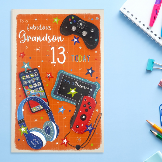 Grandson 13th Birthday Card - Gaming & Headphones Large