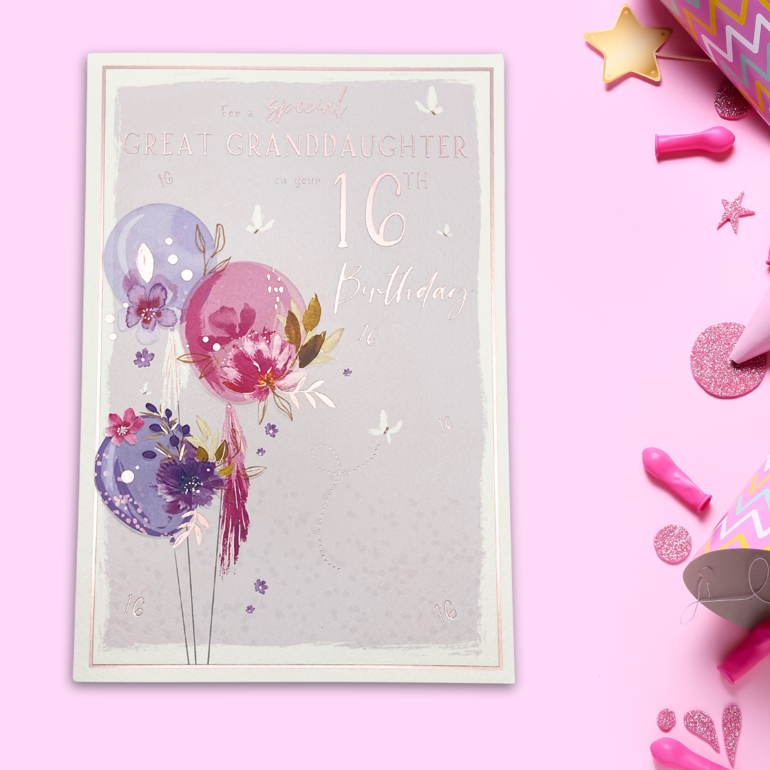 Pretty lilac theme card with pink and purple balloons and flowers