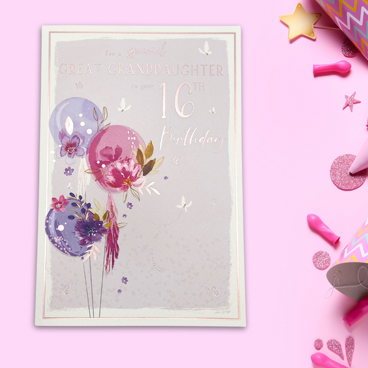 Pretty lilac theme card with pink and purple balloons and flowers