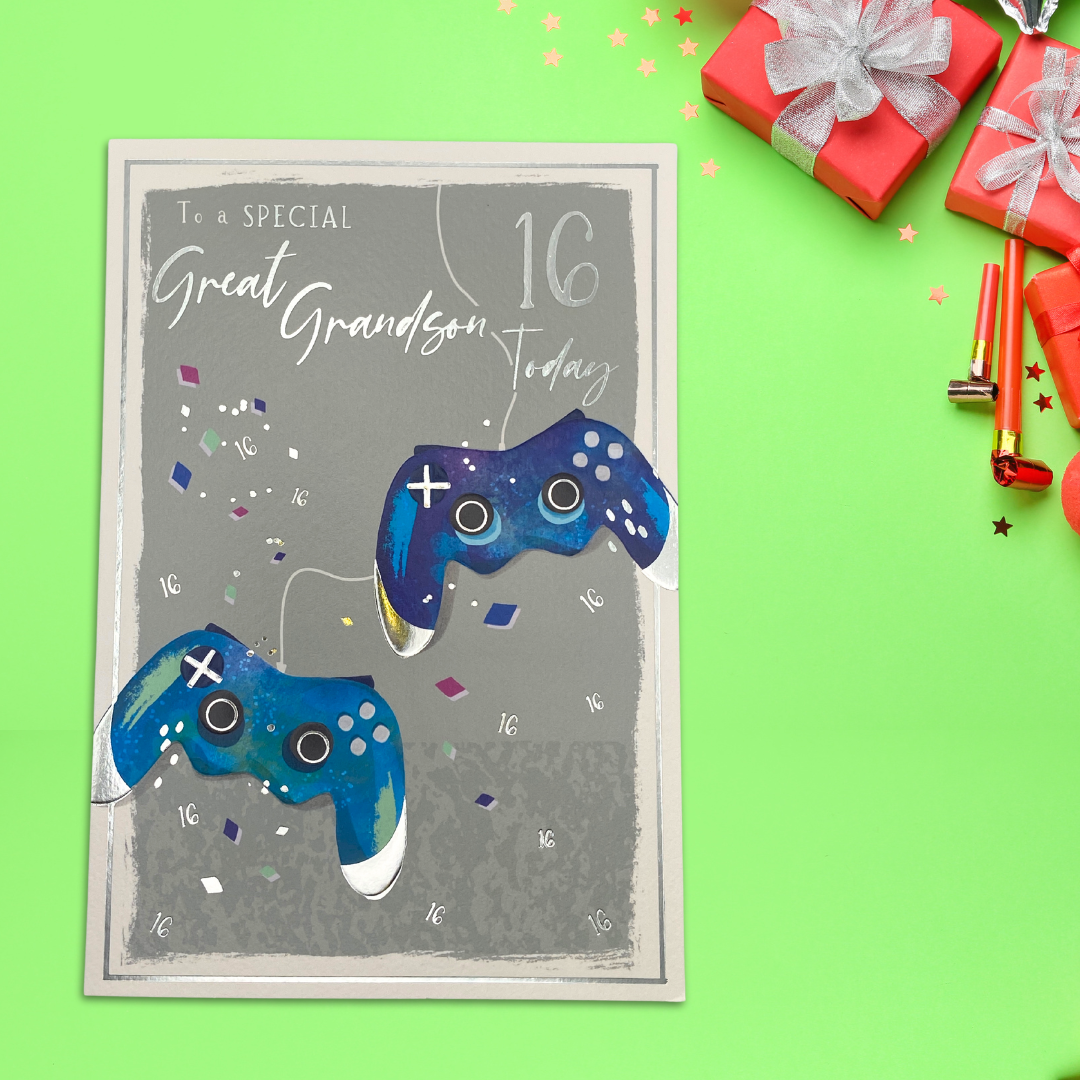 Silver theme card with two gaming controllers