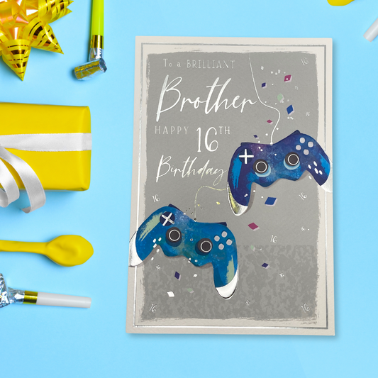 White card with grey background and two blue games controllers