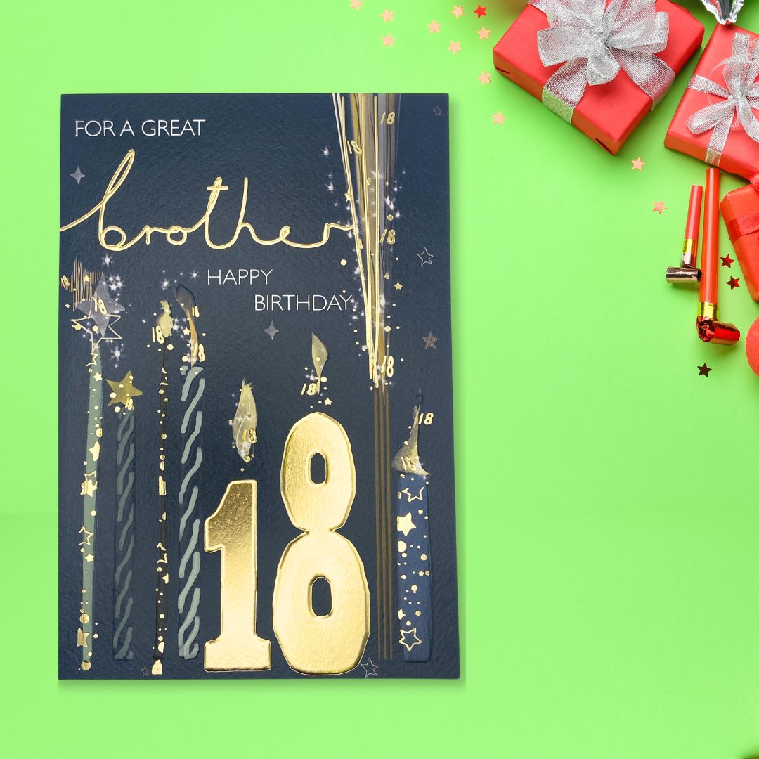 Navy card with gold nuber 18 candles with stars