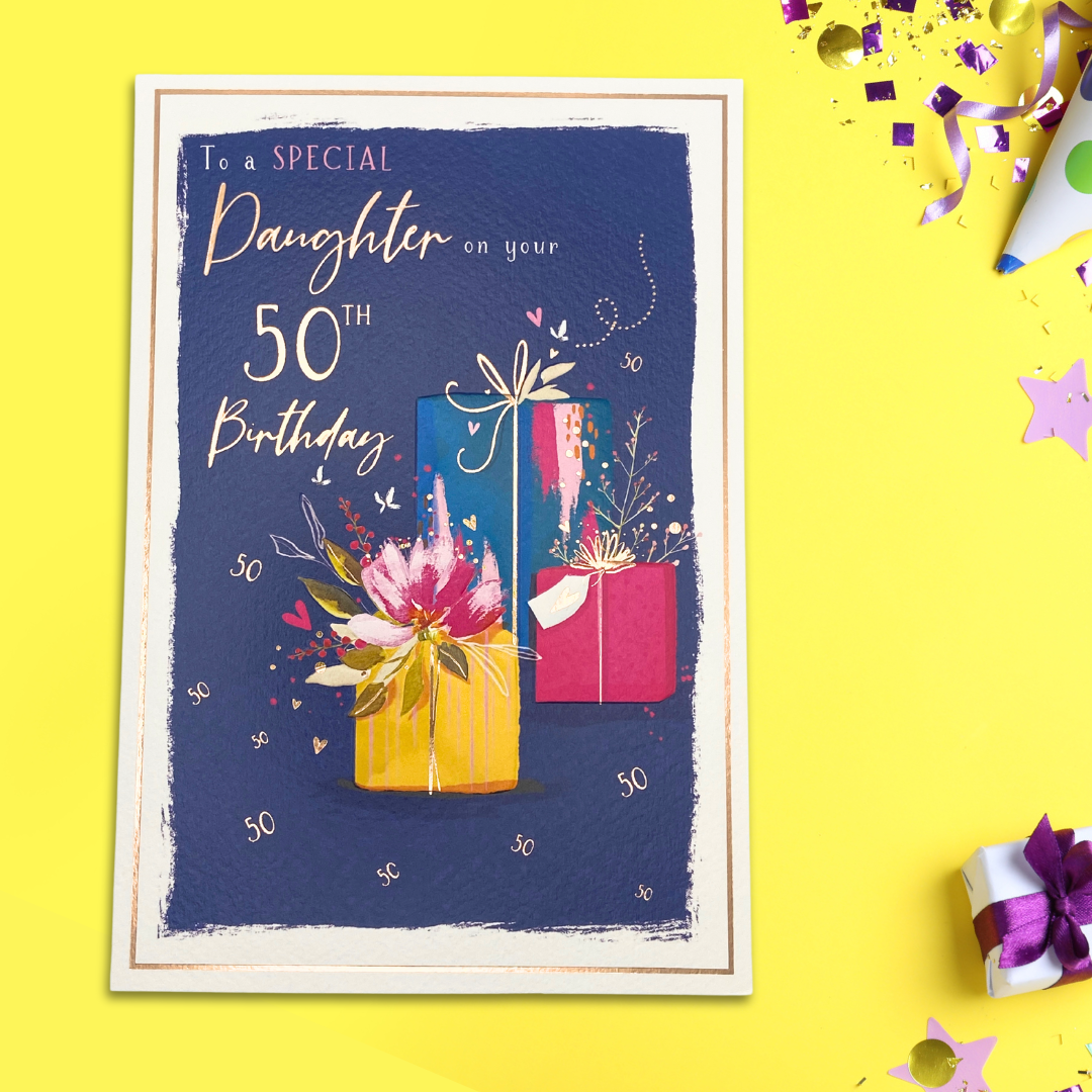 Navy card with bright coloured gifts and gold foil details