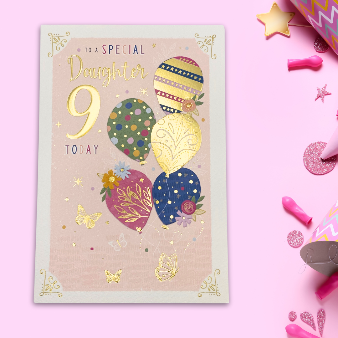 pink theme card with multicolour balloons and gold details