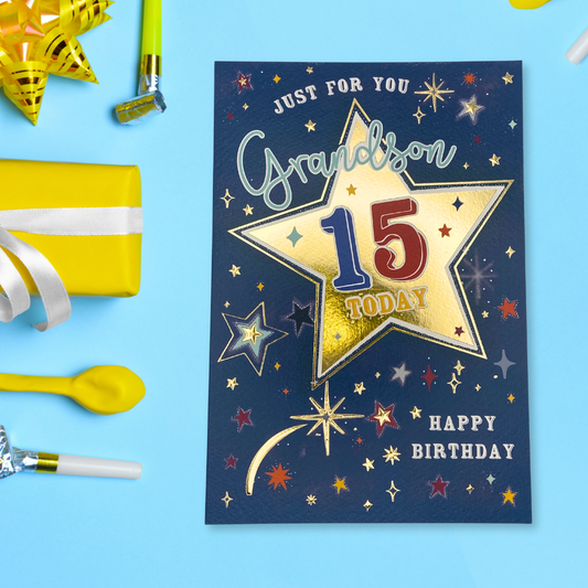 Navy card with bright gold star, 15 text and star border