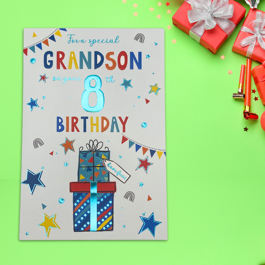 White card with multilcolour text and gifts with stars and bunting