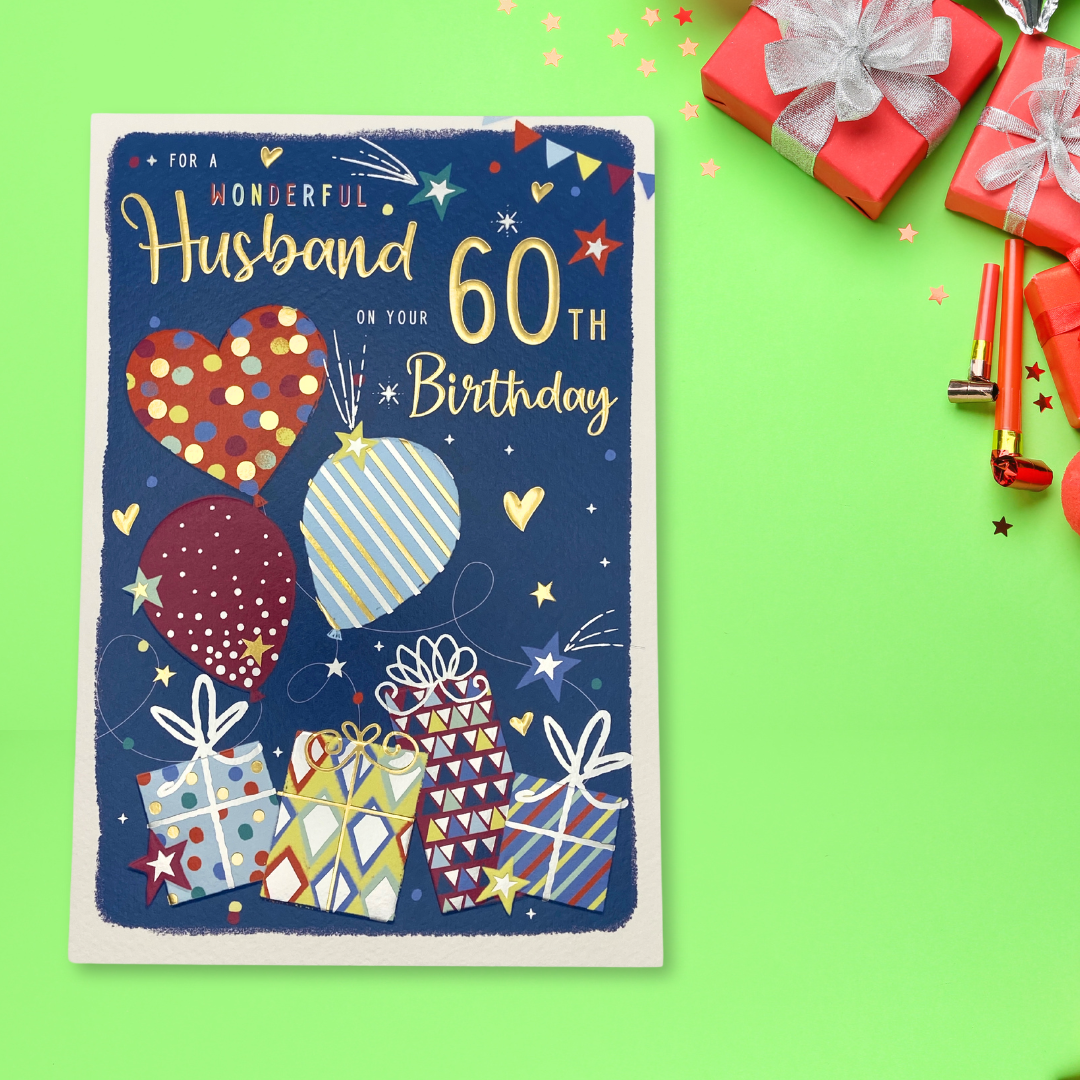 Navy card  with bright coloured ballons and hearts