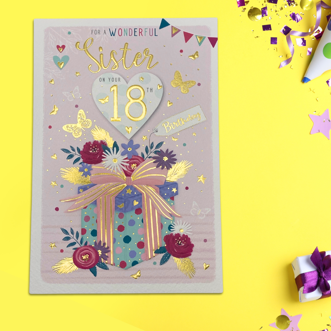 Pink card with multicolour gift with flowers and butterflies, gold foil details and text