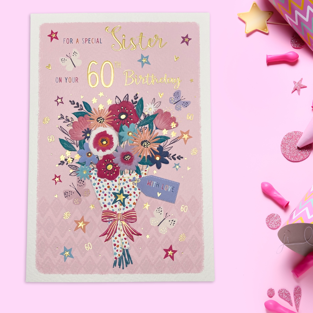 Pink card with floral bouquet and butterflies with gold foil text