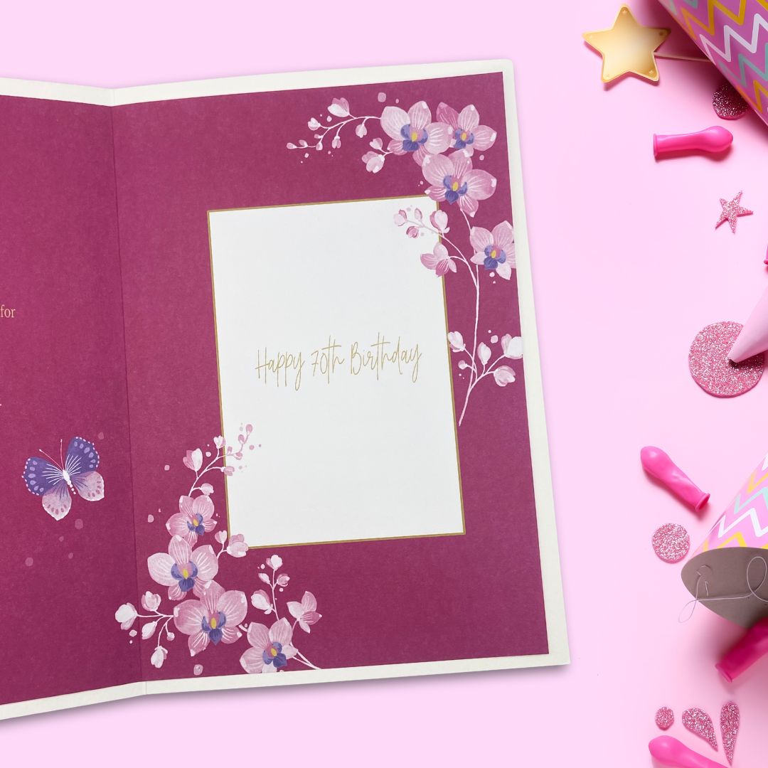 Inside image with full colour printed verse and magenta orchid border