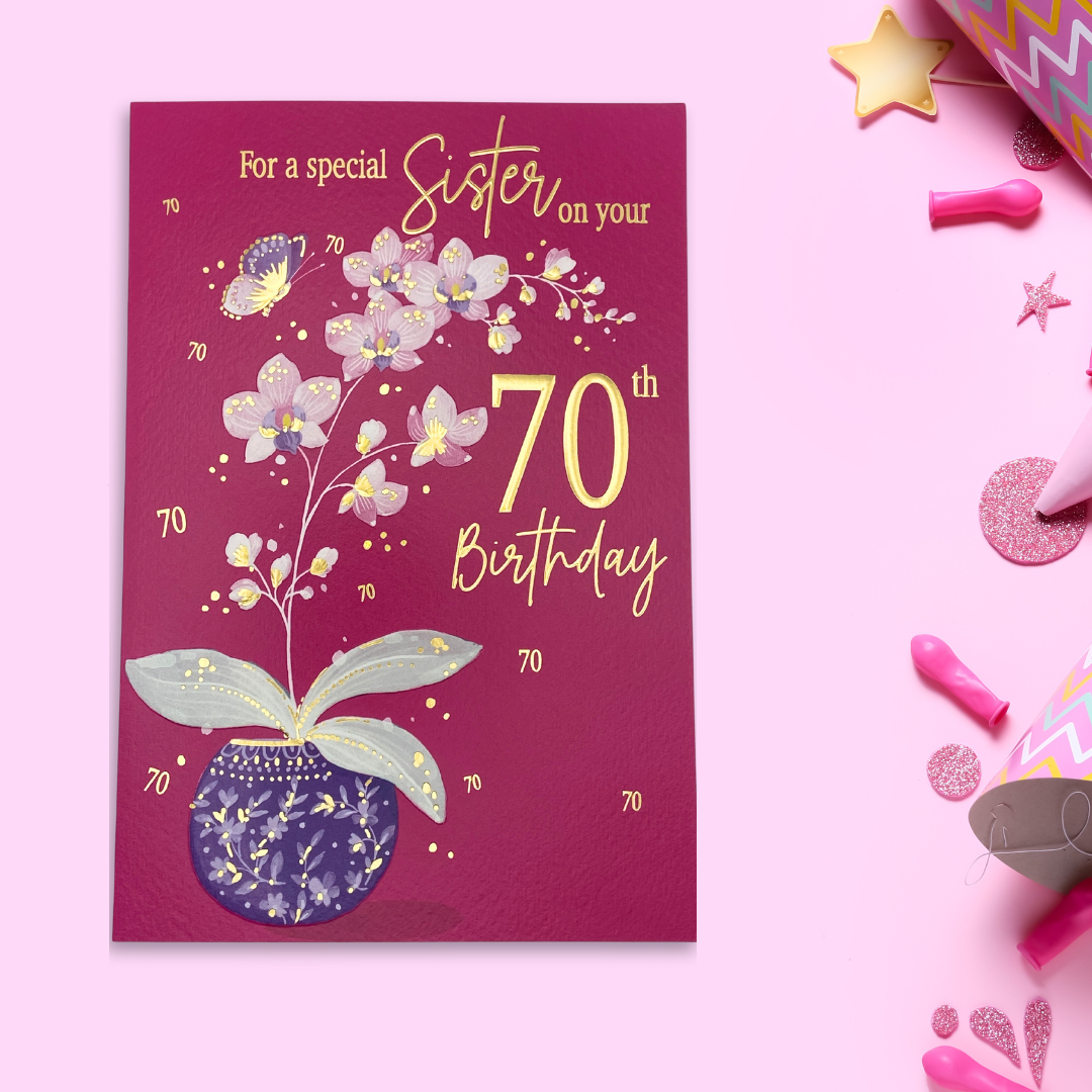 Magenta card with pink orchid and gold foil text and details