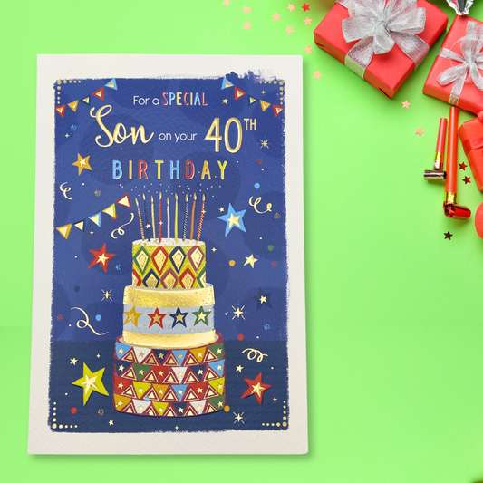 Bright blue card with vibrant cake illustration with candles and bunting