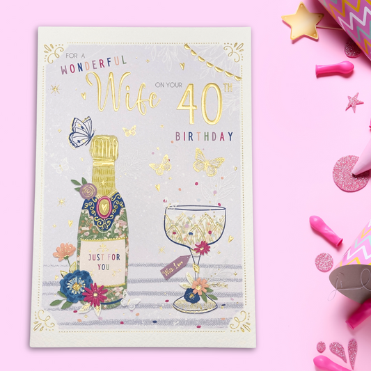 lilac themed card with floral illustrated bottle of fizz and flute with butterflies