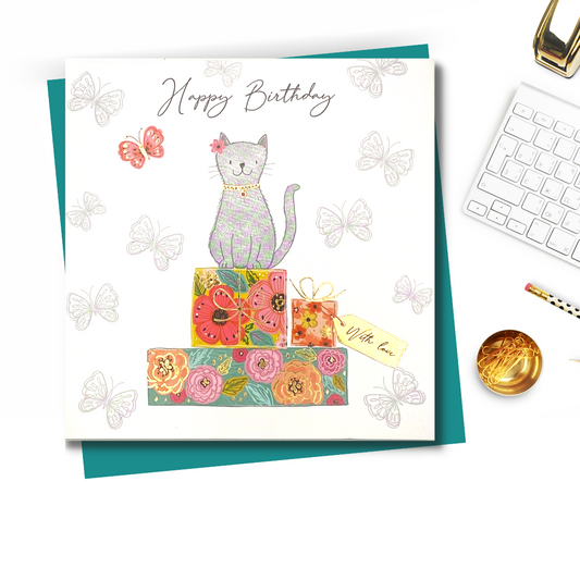 Cat Themed Birthday Design Displayed With Green Envelope 