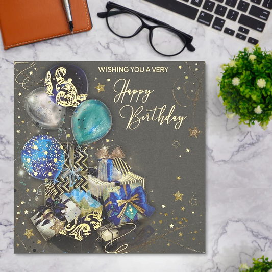 Grey square card with blue and gold gifts and balloons