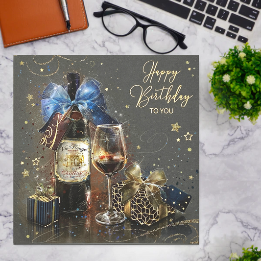 Grey square card with red wine bottle, glass and gift