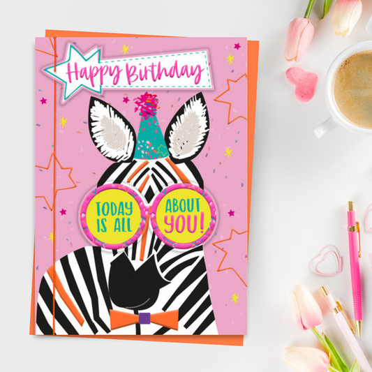 Brightly coloured neon card with zebra in pink glasses and party hat!