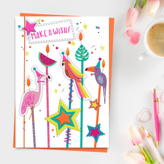 White card with neon flamingo, parrot and pelican with stars and watermelon