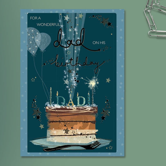 Large Dad card with contemporary Birthday Cake and sparklers design  with gold foil details and blue box