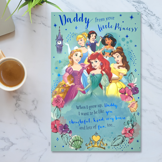Green card with full Disney princess collection illustrated amongst text