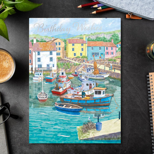 decoupage birthday card with harbour scene and coloured houses