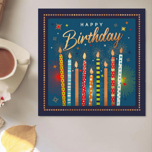 Square navy card with multicolour candles and foil details