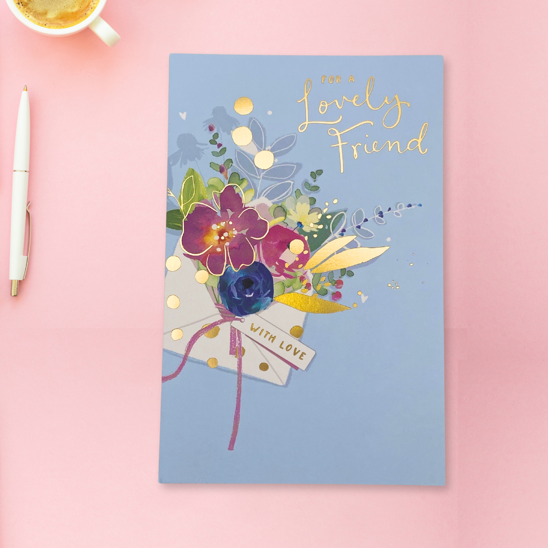 Blue card with bright colour floral envelope with tag printed with love