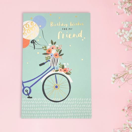 Aqua colour card with illustrated floral bike and balloons with gold foil text