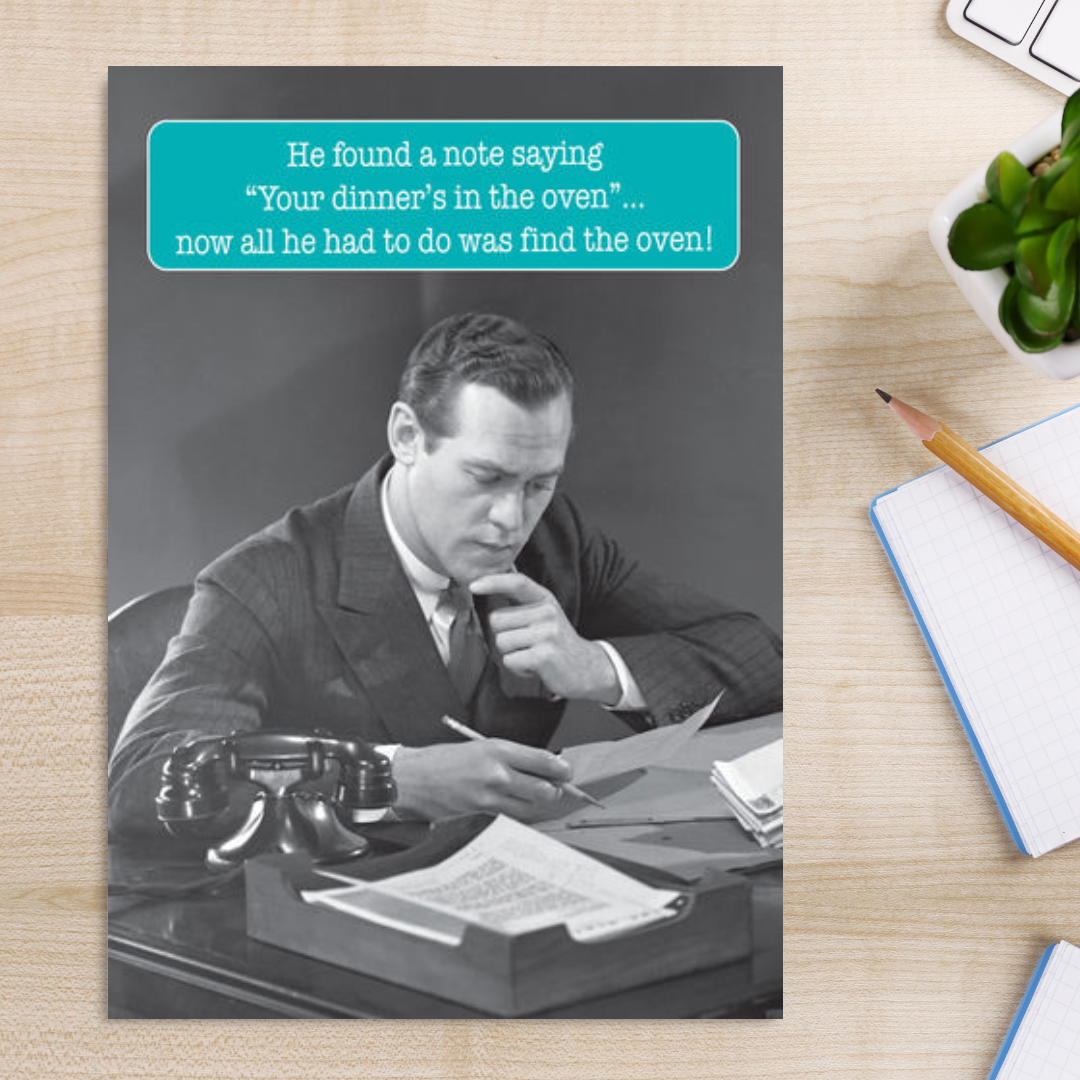 Black & White photo of man at desk with funny caption