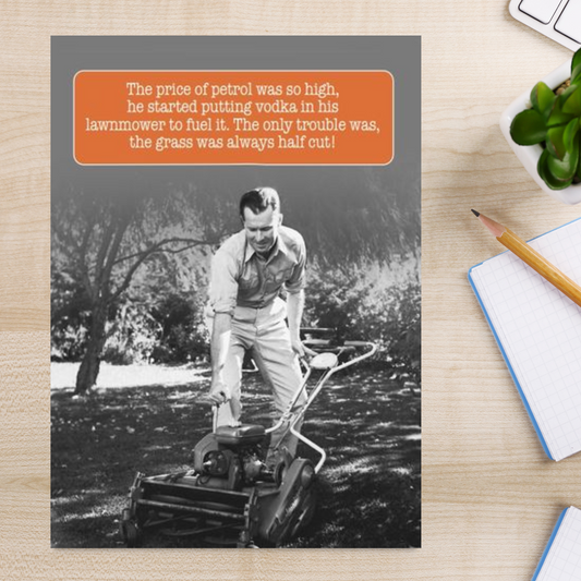 Vintage photo of man mowing lawn with funny caption