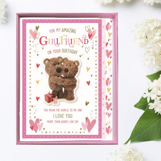 Two cute Barley Bear characters cuddling with hearts and gold foil details