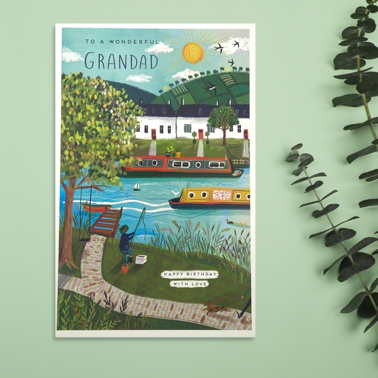 Riverboat design card with fisherman
