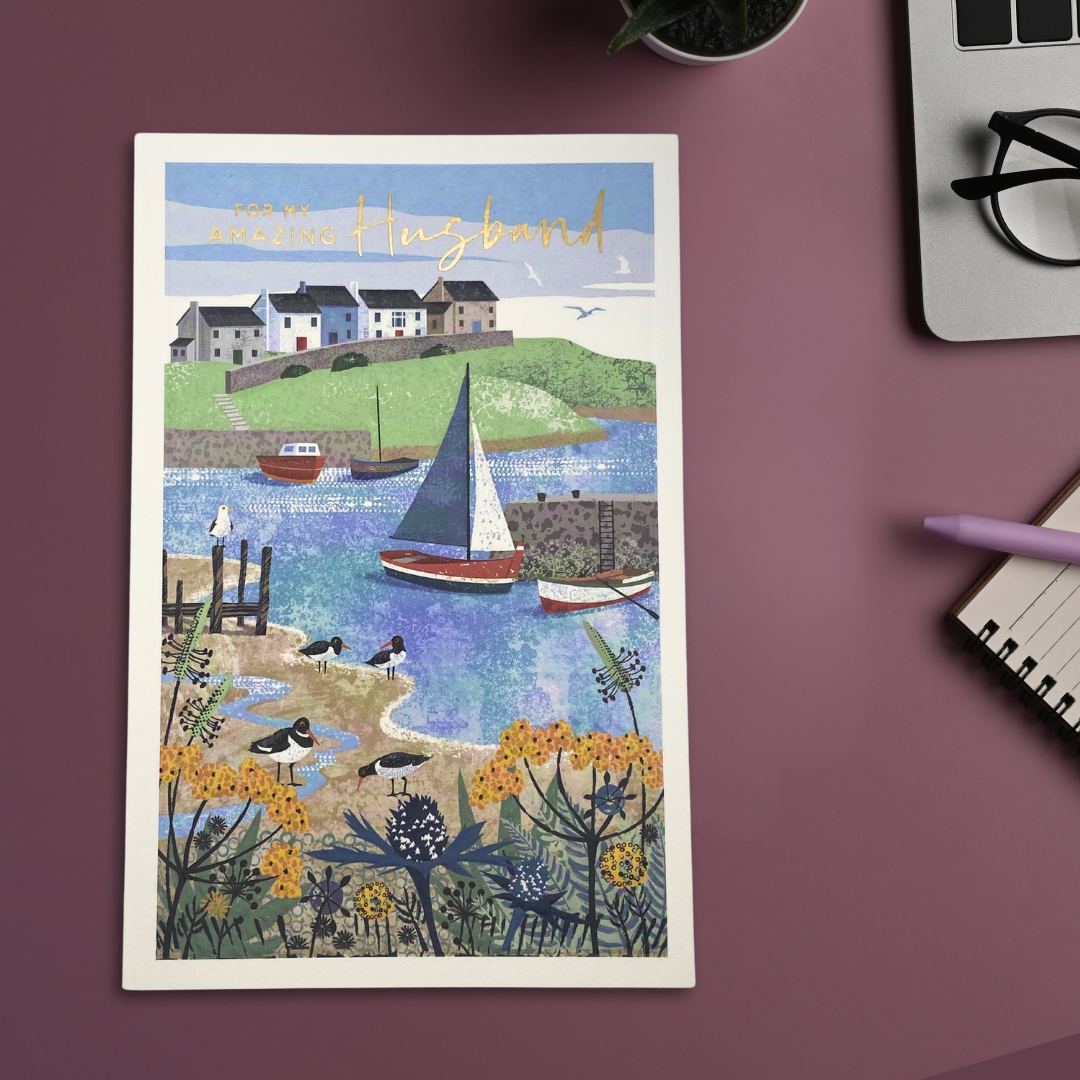 Husband Birthday Card - Sailing Boats & Harbour