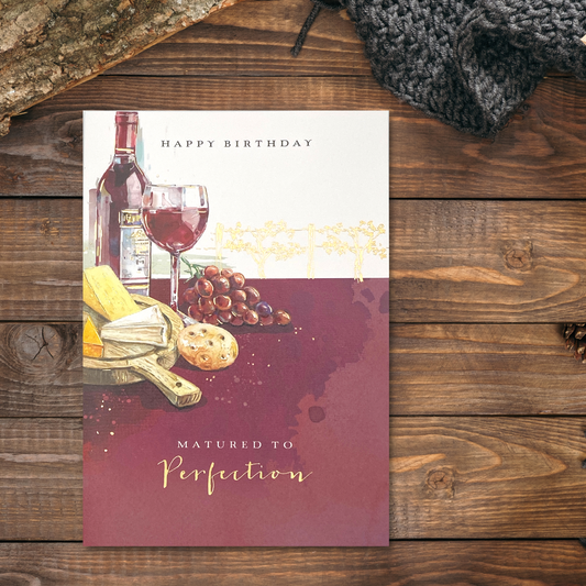 Red wine theme card with cheeseboard and grapes