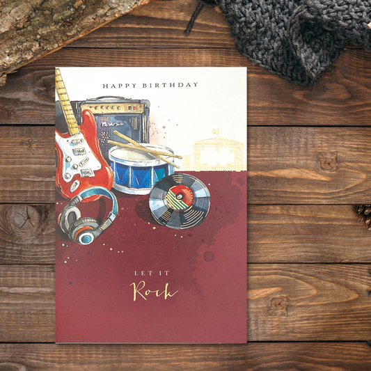 White and Maroon card with guitar, drums and headphones with amp and vinyl