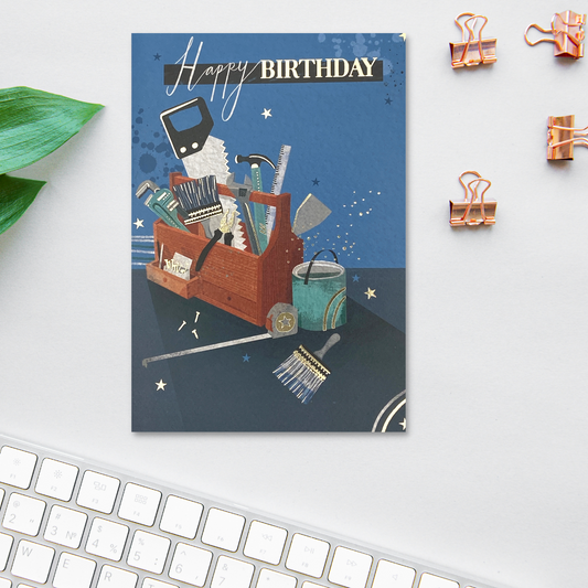 Blue and Navy card with full toolbox and gold foil details