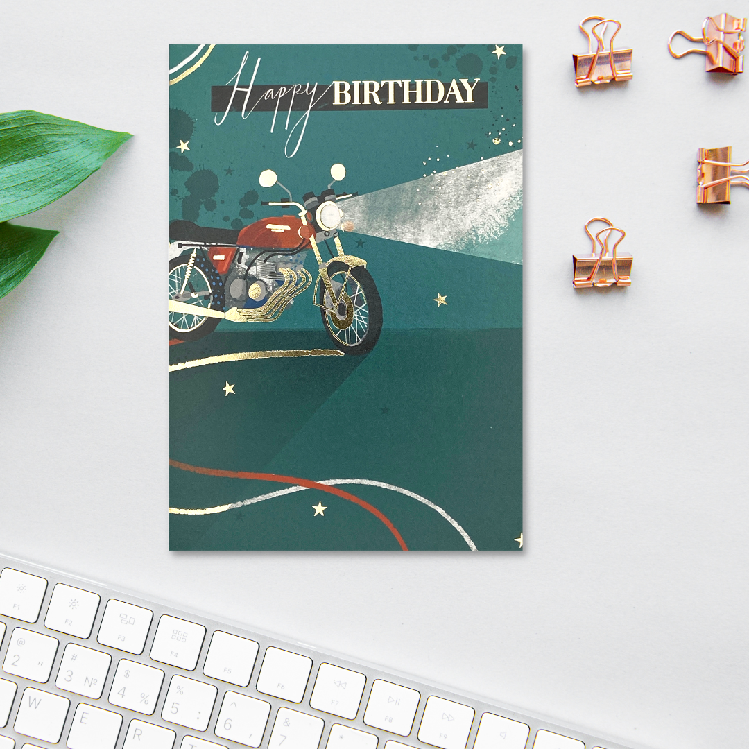 Green & Teal themed card with oramge motorbike and gold foil