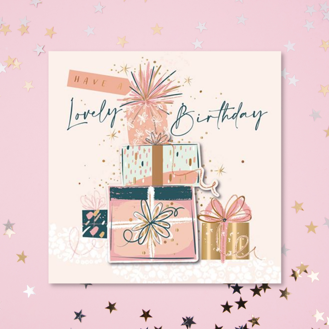 Square pink card with pink and navy gifts stacked with foil details