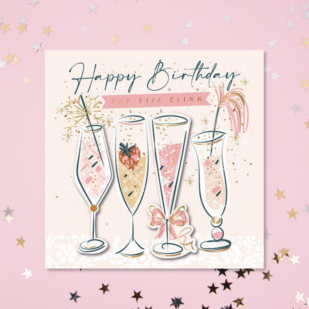 Square pink card with four cocktails and sparklers