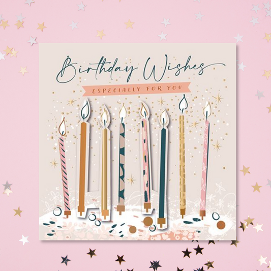 Square pink card with pink gold and navy candles with foil details