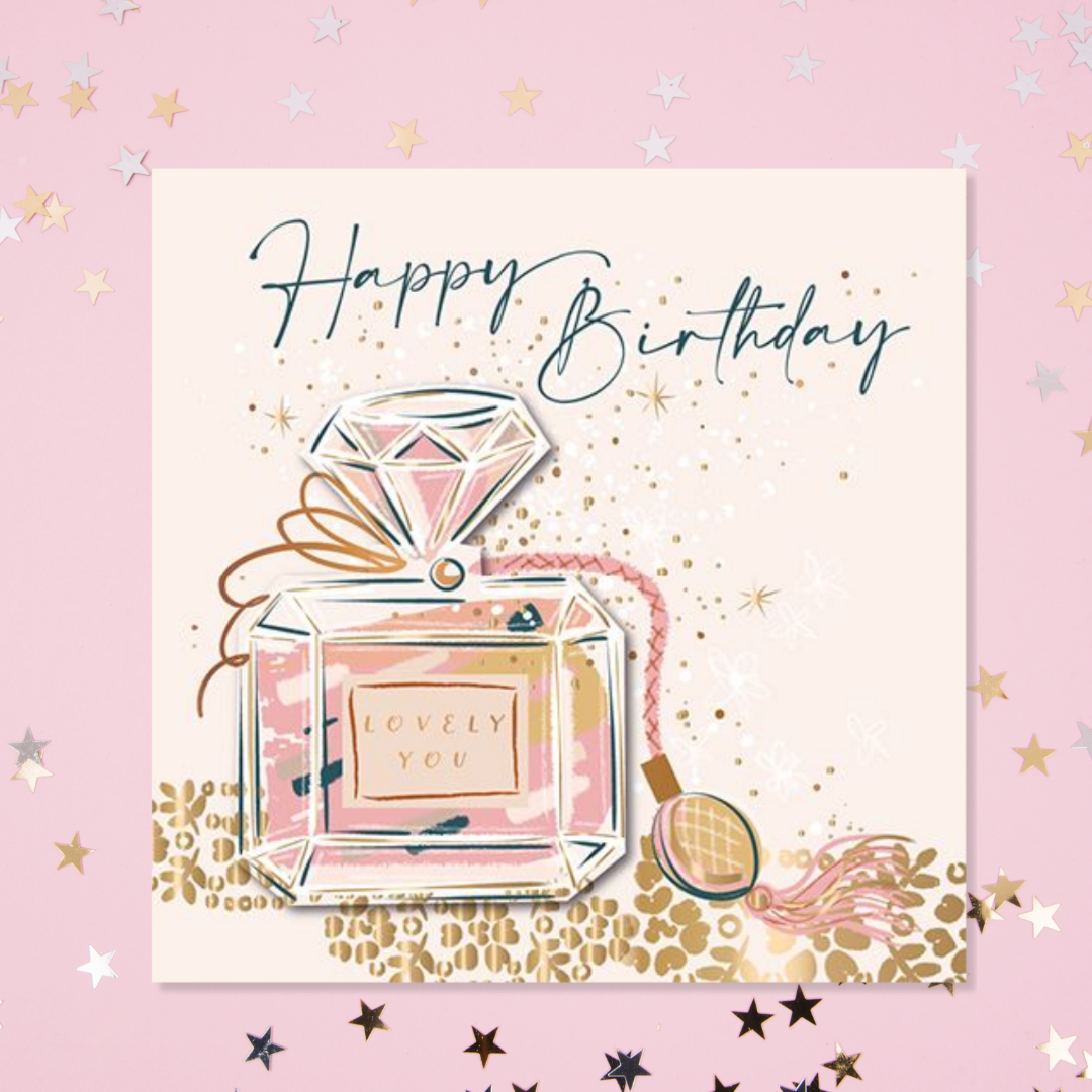 Pink square card with perfume bottle and gold details