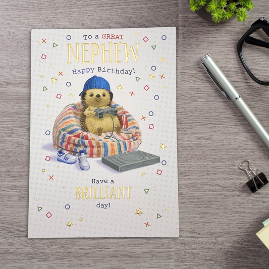 Nephew Birthday Card - Hartley Hedgehog Gamer