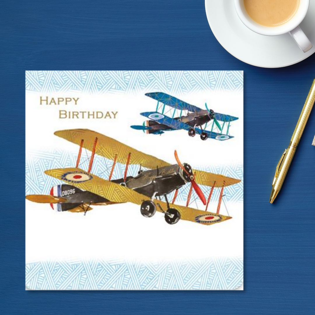 Square card with two planes flying with geometric border print