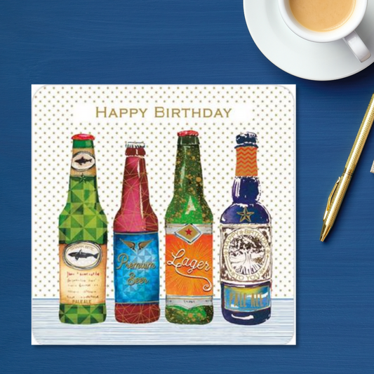 Square card with four bottles beers with star patterned background