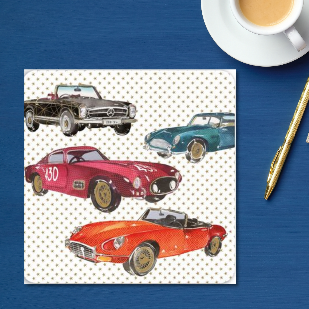 Square card with multiple classic cars with star print background