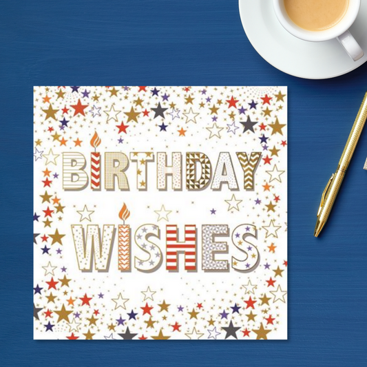 Square card with blue gold and red stars and Birthday Wishes text